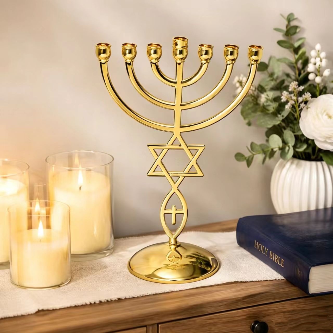 Home Decor In - Hanukkah Seven-Headed Candle Holder Set Star