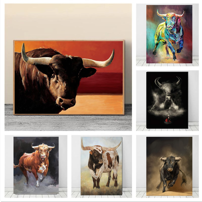 Home Decor Living Room Ideas - Colorful Bull Abstract Animal Canvas Paintings