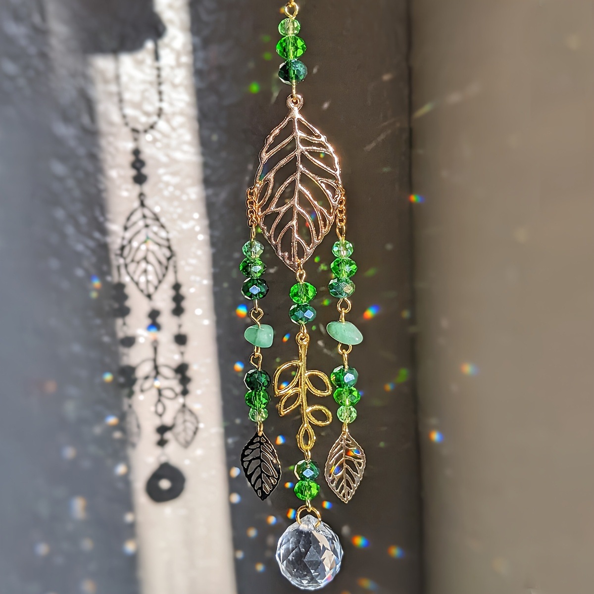Crystal Sun Catcher - Green Crystal Suncatcher Hanging Ornament, Gold